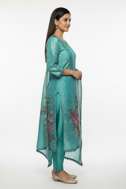 Pheran Teal Floral Printed Silk Kurta Set with Dupatta (BO-AU-05-RA)