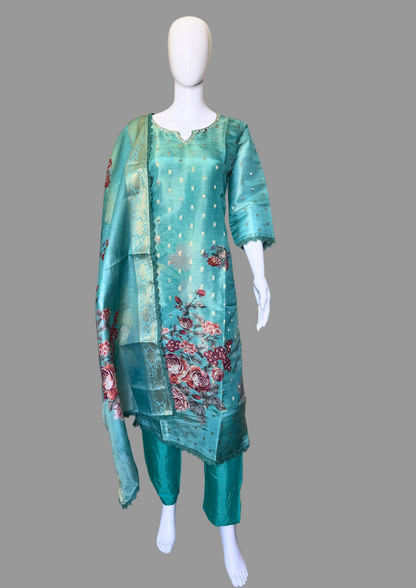 Pheran Teal Floral Printed Silk Kurta Set with Dupatta (BO-AU-05-RA)