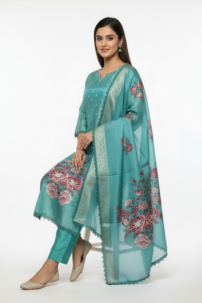 Pheran Teal Floral Printed Silk Kurta Set with Dupatta (BO-AU-05-RA)