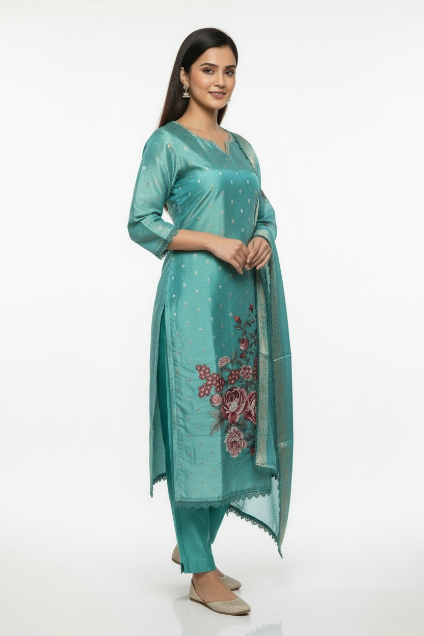 Pheran Teal Floral Printed Silk Kurta Set with Dupatta (BO-AU-05-RA)