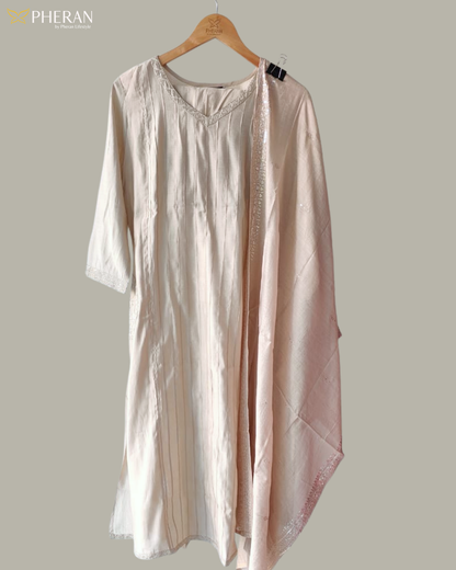 Pheran Women's Elegant Beige Suit Set with Silver Detailing AM76
