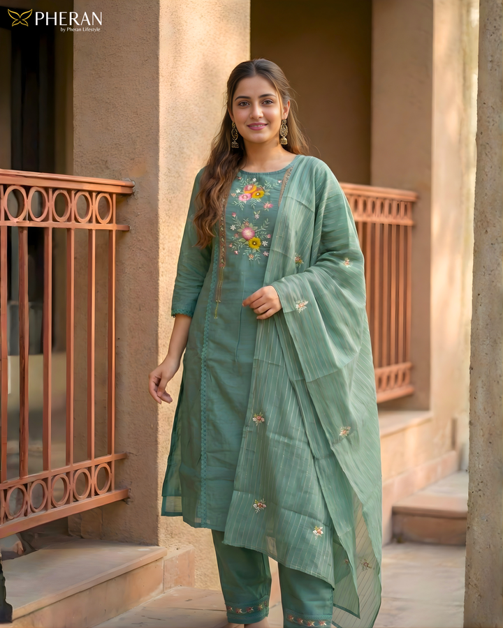 Pheran Verdant Green Embroidered Kurta Set with Dupatta (SV-KL75-GN)