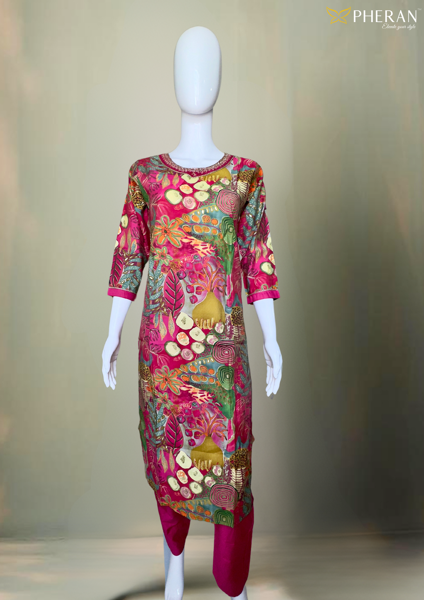 Pheran Multicolored Abstract Printed Kurta Set with Fuchsia Dupatta (M4-M100-MC-SU)