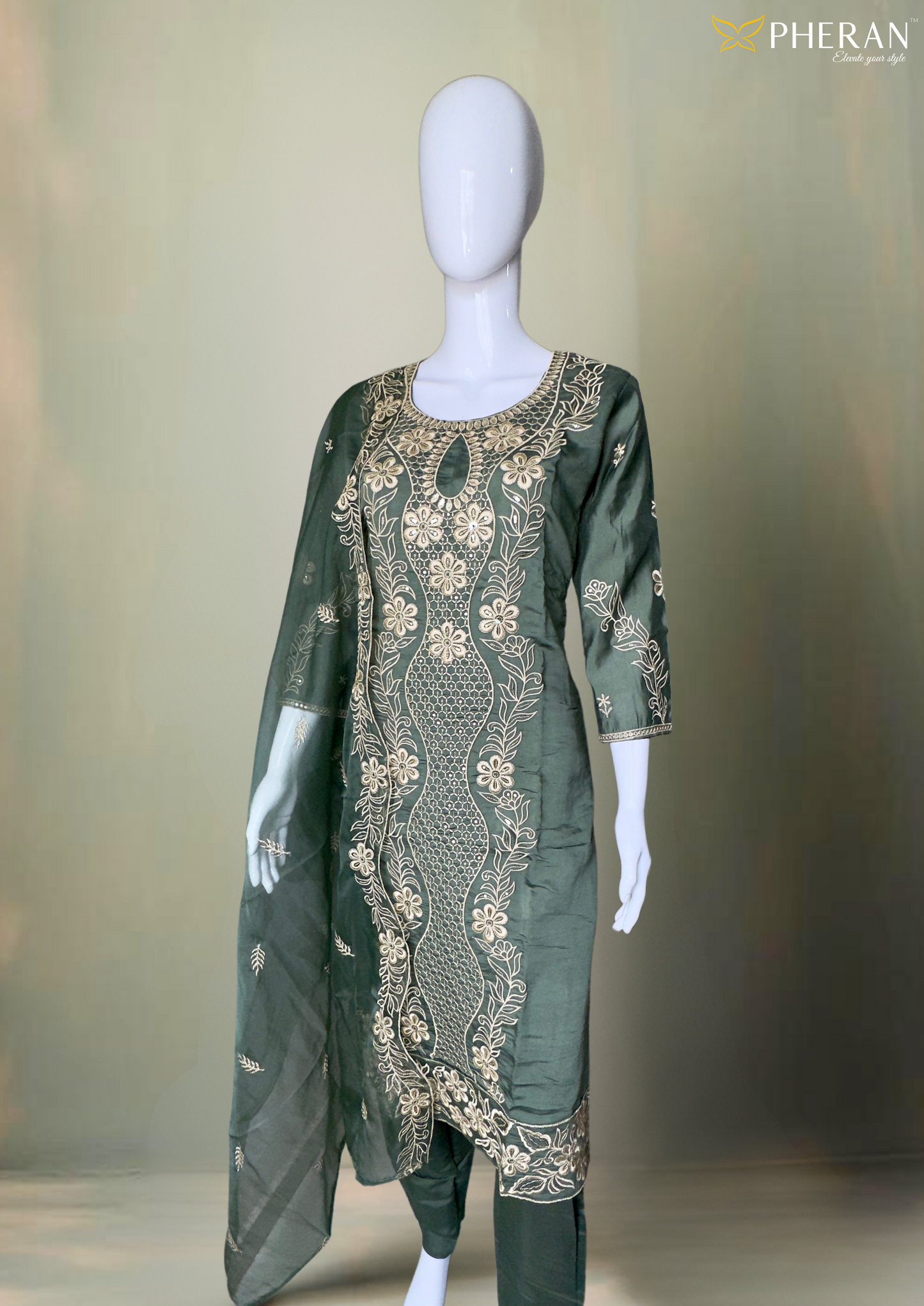 Pheran Olive Green Intricately Embroidered Kurta Set with Dupatta (A2-OG-SU)
