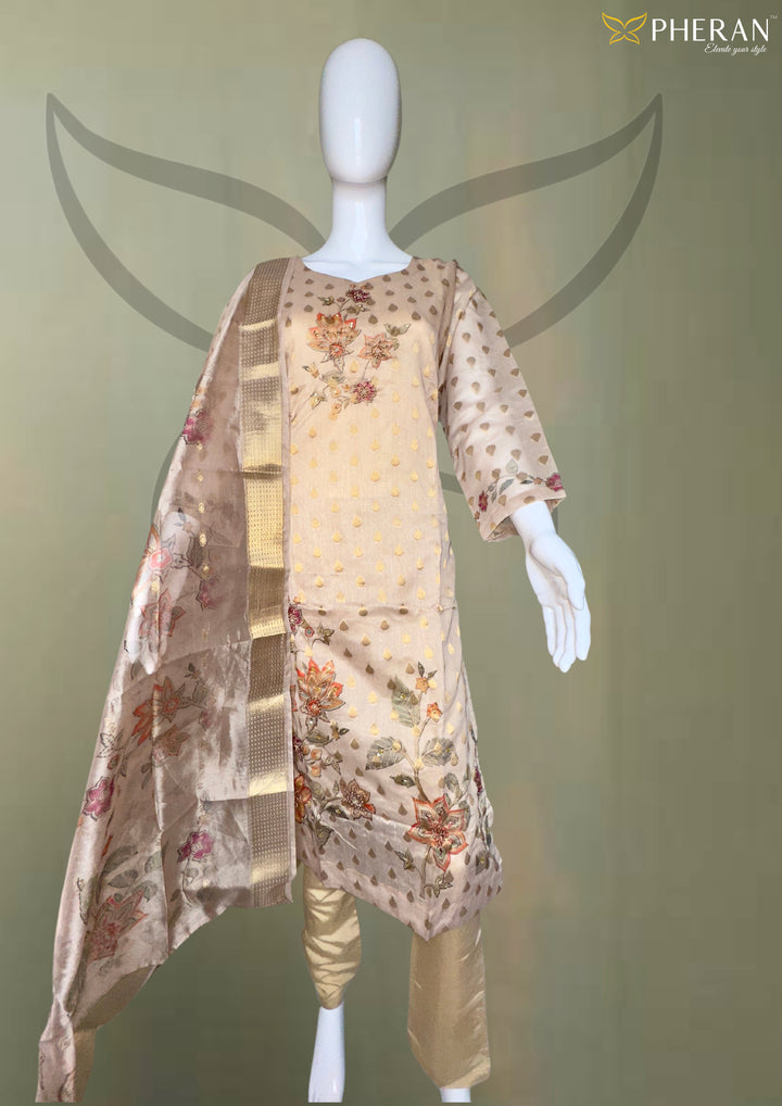 Pheran Beige Floral Embroidered Kurta Set with Printed Dupatta  (A2-BE-SU)