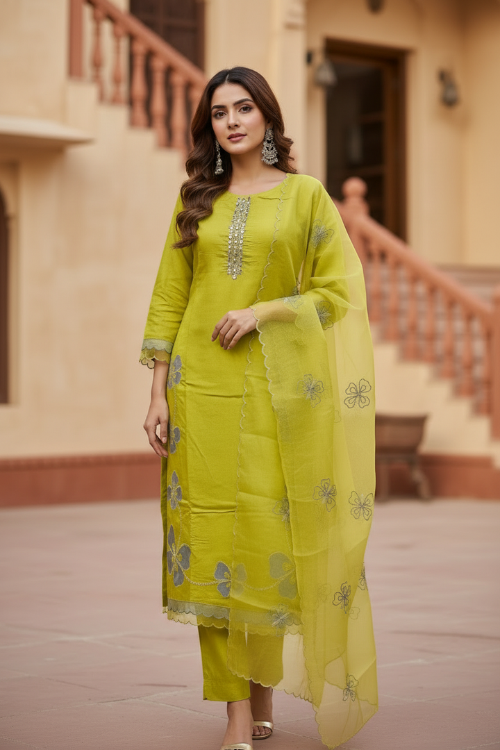Pheran Women’s Lime Green Floral Embroidered Kurta Set with Dupatta (A2-9YE-95S)