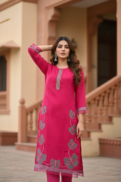 Pheran Pink Butterfly Embroidered Kurta Set with Delicate Organza Dupatta (A2-9PK-95S)