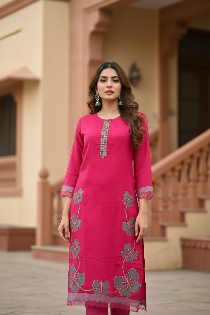 Pheran Pink Butterfly Embroidered Kurta Set with Delicate Organza Dupatta (A2-9PK-95S)
