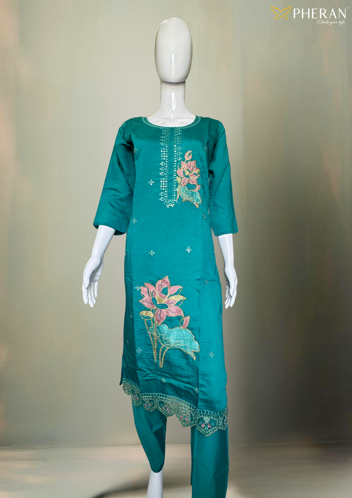 Pheran Teal Blue Floral Embroidered Kurta Set with Dupatta (A2-TAB-SU)