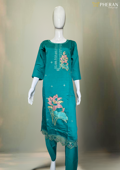 Pheran Teal Blue Floral Embroidered Kurta Set with Dupatta (A2-TAB-SU)