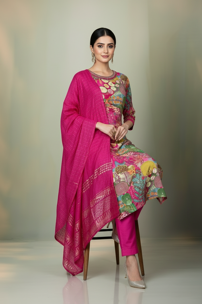 Pheran Multicolored Abstract Printed Kurta Set with Fuchsia Dupatta (M4-M100-MC-SU)