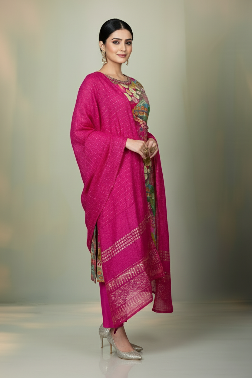 Pheran Multicolored Abstract Printed Kurta Set with Fuchsia Dupatta (M4-M100-MC-SU)