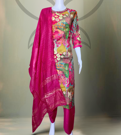 Pheran Multicolored Abstract Printed Kurta Set with Fuchsia Dupatta (M4-M100-MC-SU)