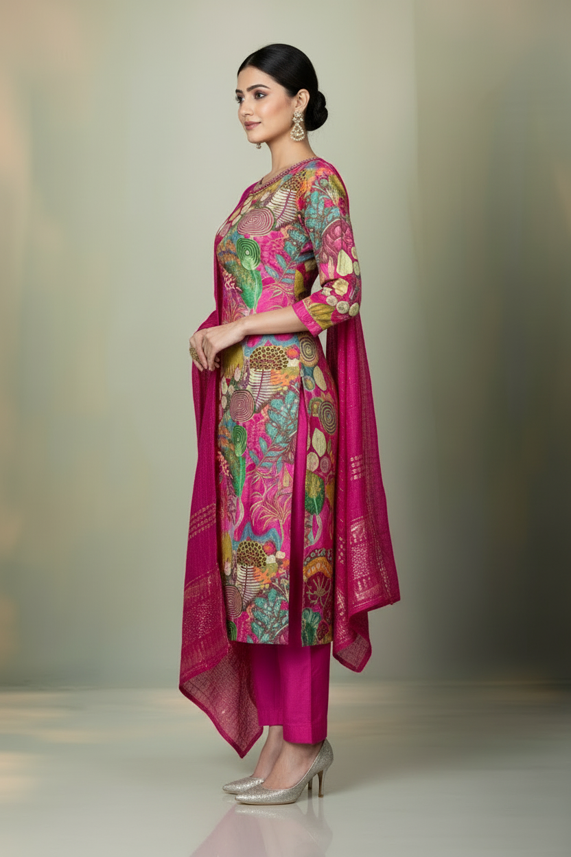Pheran Multicolored Abstract Printed Kurta Set with Fuchsia Dupatta (M4-M100-MC-SU)