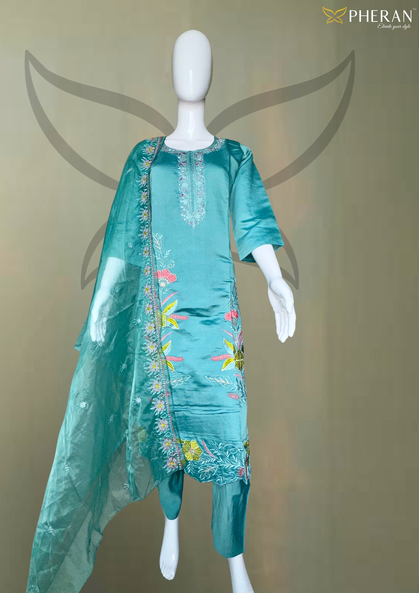 Pheran Teal Floral Embroidered Silk Blend Kurta Set with Organza Dupatta (A2-TGB-SU)
