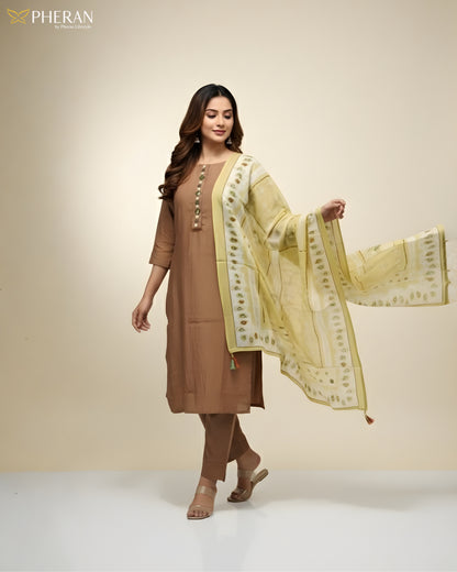 Pheran Women's Brown and Sunshine Print Modal Suit Set  AM85