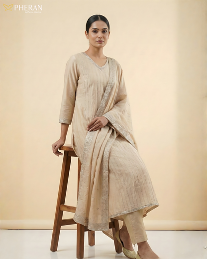 Pheran Women's Elegant Beige Suit Set with Silver Detailing AM76