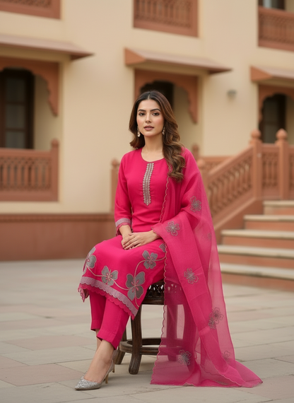 Pheran Pink Butterfly Embroidered Kurta Set with Delicate Organza Dupatta (A2-9PK-95S)