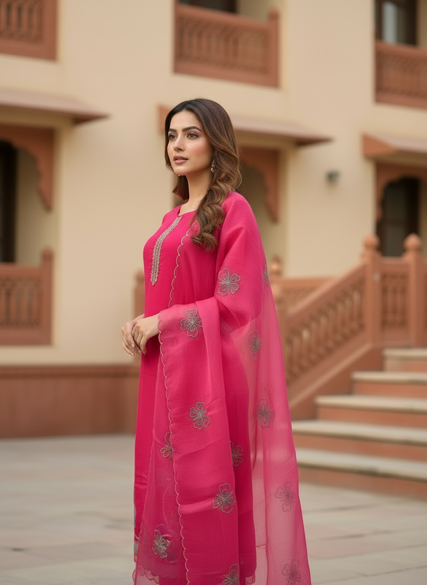 Pheran Pink Butterfly Embroidered Kurta Set with Delicate Organza Dupatta (A2-9PK-95S)