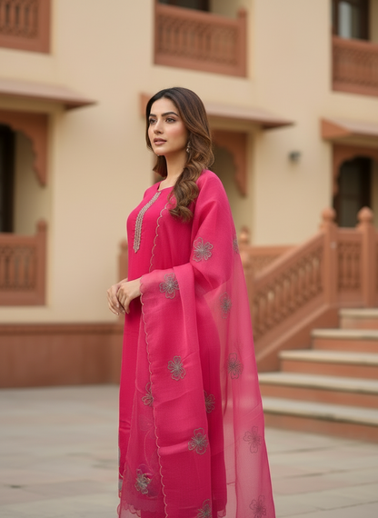 Pheran Pink Butterfly Embroidered Kurta Set with Delicate Organza Dupatta (A2-9PK-95S)