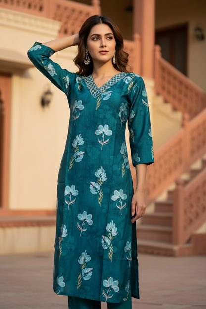 Pheran Teal Green Floral Printed Kurta Set with Embellished Neckline (M4-NU10-TB-SU)