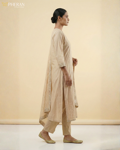 Pheran Women's Elegant Beige Suit Set with Silver Detailing AM76