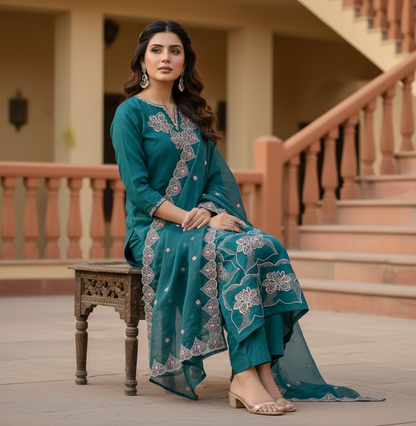 Pheran Teal Green Embroidered Kurta Set with Matching Dupatta ( A2-TG-SU)