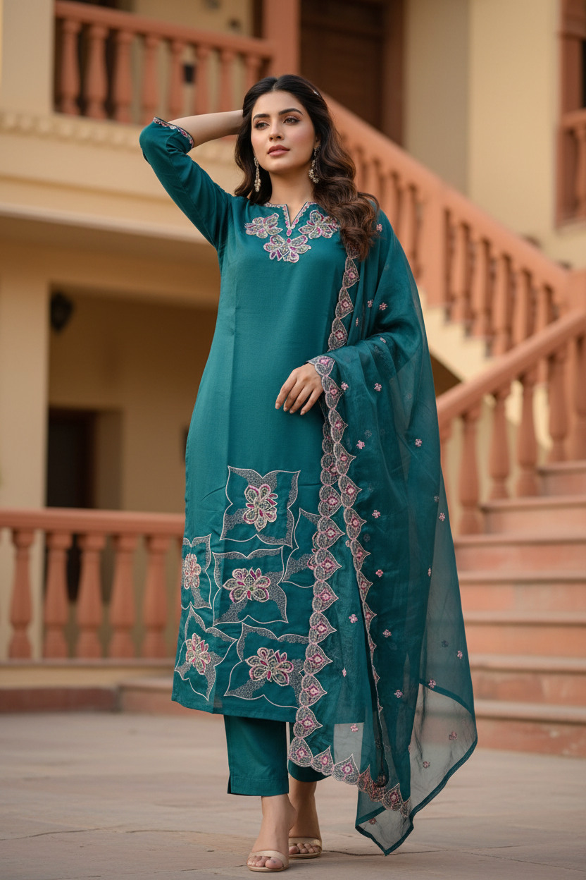 Pheran Teal Green Embroidered Kurta Set with Matching Dupatta ( A2-TG-SU)