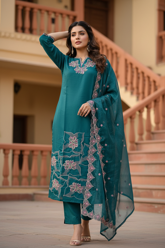 Pheran Teal Green Embroidered Kurta Set with Matching Dupatta ( A2-TG-SU)