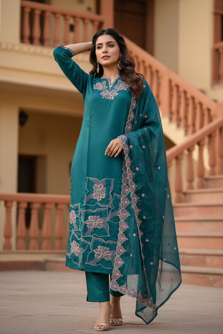 Pheran Teal Green Embroidered Kurta Set with Matching Dupatta ( A2-TG-SU)