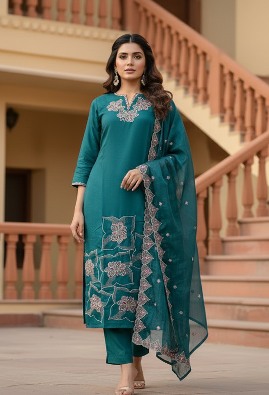 Pheran Teal Green Embroidered Kurta Set with Matching Dupatta ( A2-TG-SU)