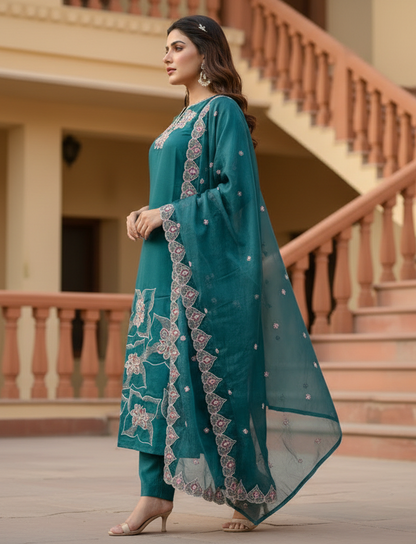Pheran Teal Green Embroidered Kurta Set with Matching Dupatta ( A2-TG-SU)