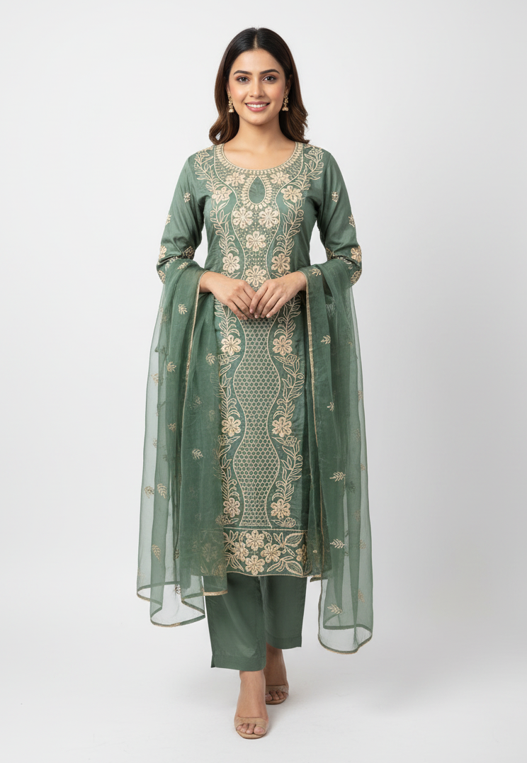 Pheran Olive Green Intricately Embroidered Kurta Set with Dupatta (A2-OG-SU)