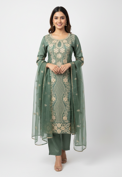 Pheran Olive Green Intricately Embroidered Kurta Set with Dupatta (A2-OG-SU)
