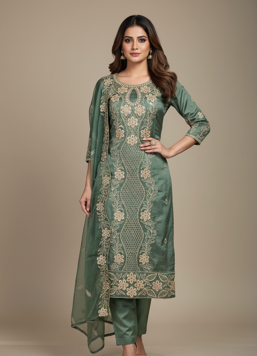 Pheran Olive Green Intricately Embroidered Kurta Set with Dupatta (A2-OG-SU)