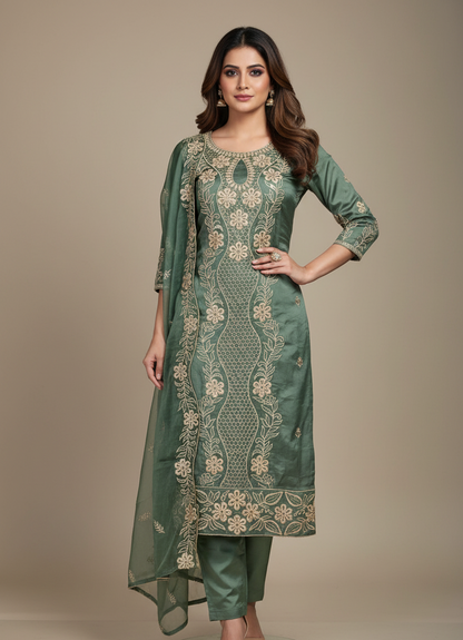 Pheran Olive Green Intricately Embroidered Kurta Set with Dupatta (A2-OG-SU)