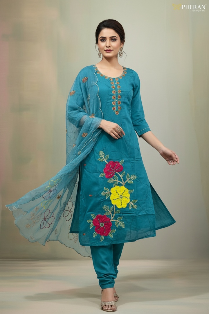 Pheran Teal Floral Embroidered Kurta Set with Organza Dupatta (A2-8TE-95S)