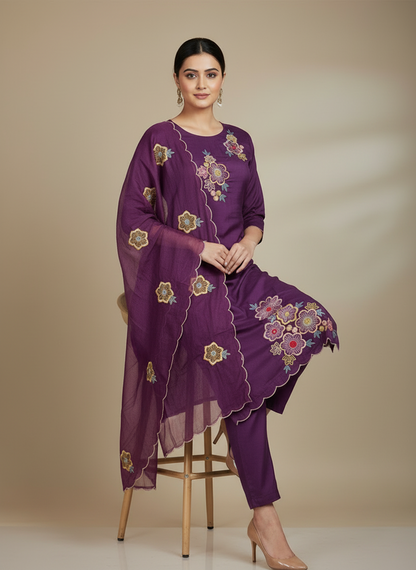 Pheran Purple Floral Embroidered Kurta Set with Dupatta (A2-PR-SU)