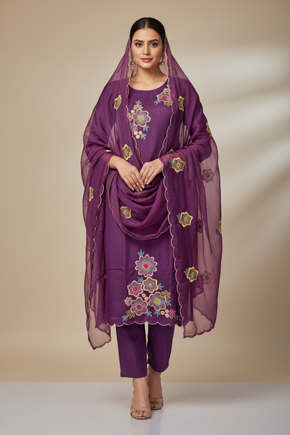 Pheran Purple Floral Embroidered Kurta Set with Dupatta (A2-PR-SU)