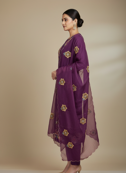 Pheran Purple Floral Embroidered Kurta Set with Dupatta (A2-PR-SU)