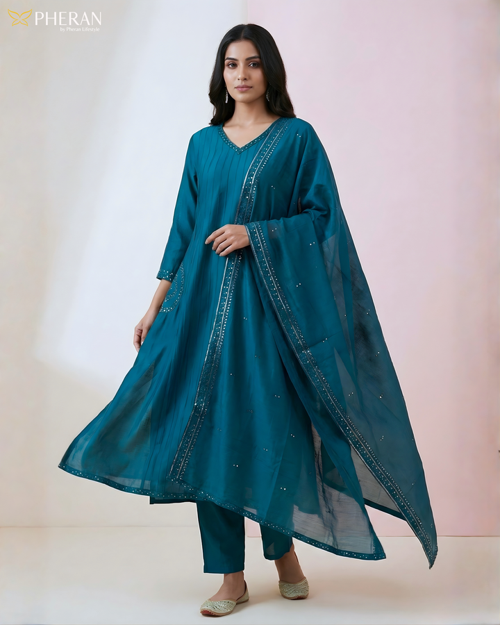 Pheran Women's Solid Teal Blue Cotton Suit Set AM83