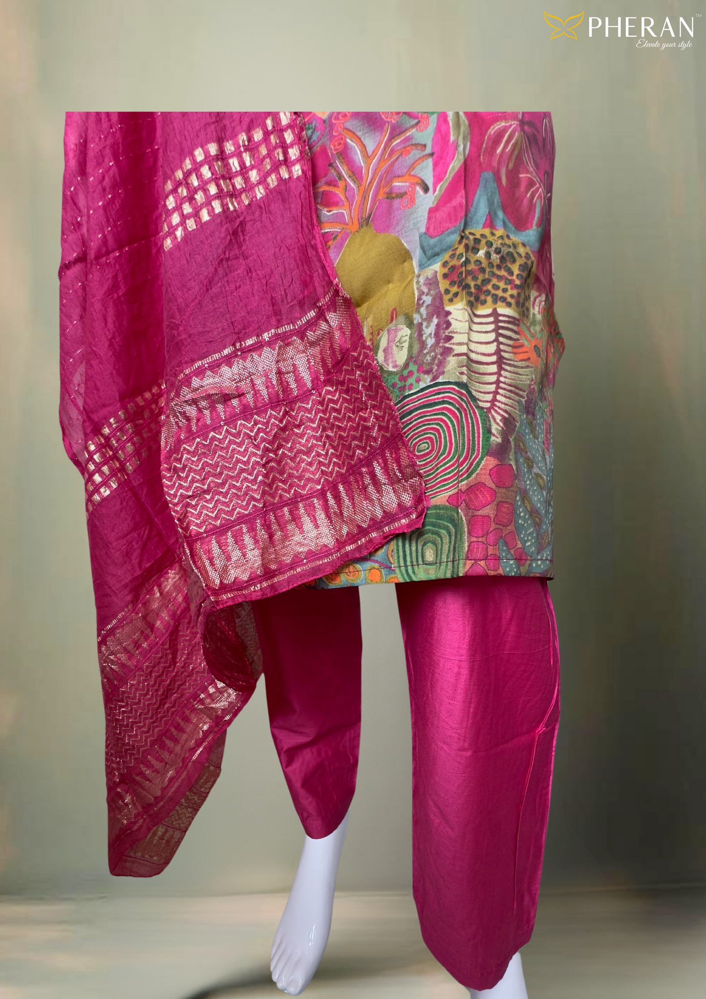 Pheran Multicolored Abstract Printed Kurta Set with Fuchsia Dupatta (M4-M100-MC-SU)