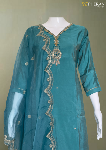 Pheran Women Teal Embroidered Kurta Set with Trousers and Dupatta (BO-DN-816)