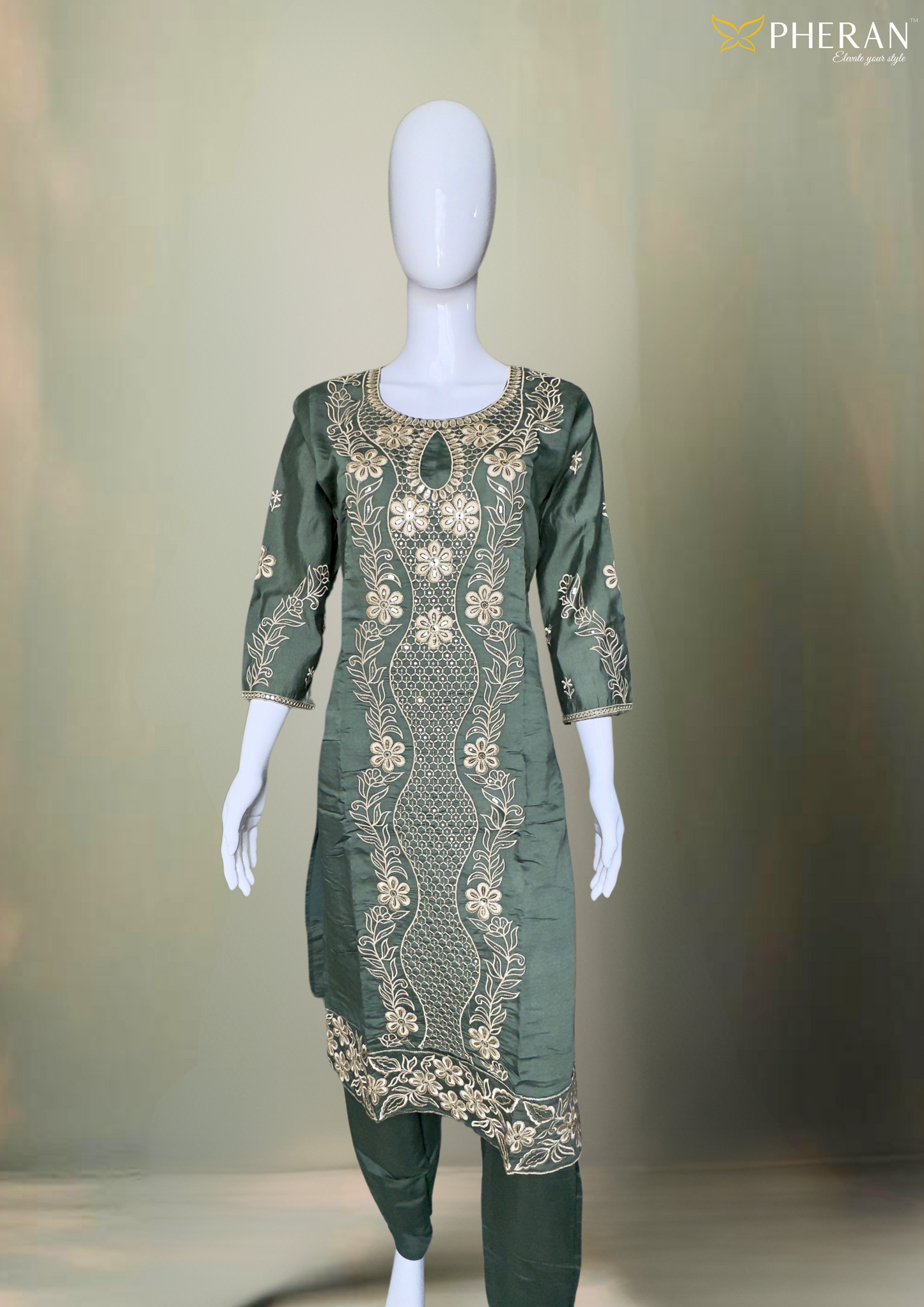 Pheran Olive Green Intricately Embroidered Kurta Set with Dupatta (A2-OG-SU)
