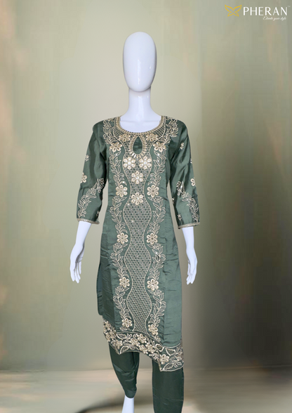 Pheran Olive Green Intricately Embroidered Kurta Set with Dupatta (A2-OG-SU)