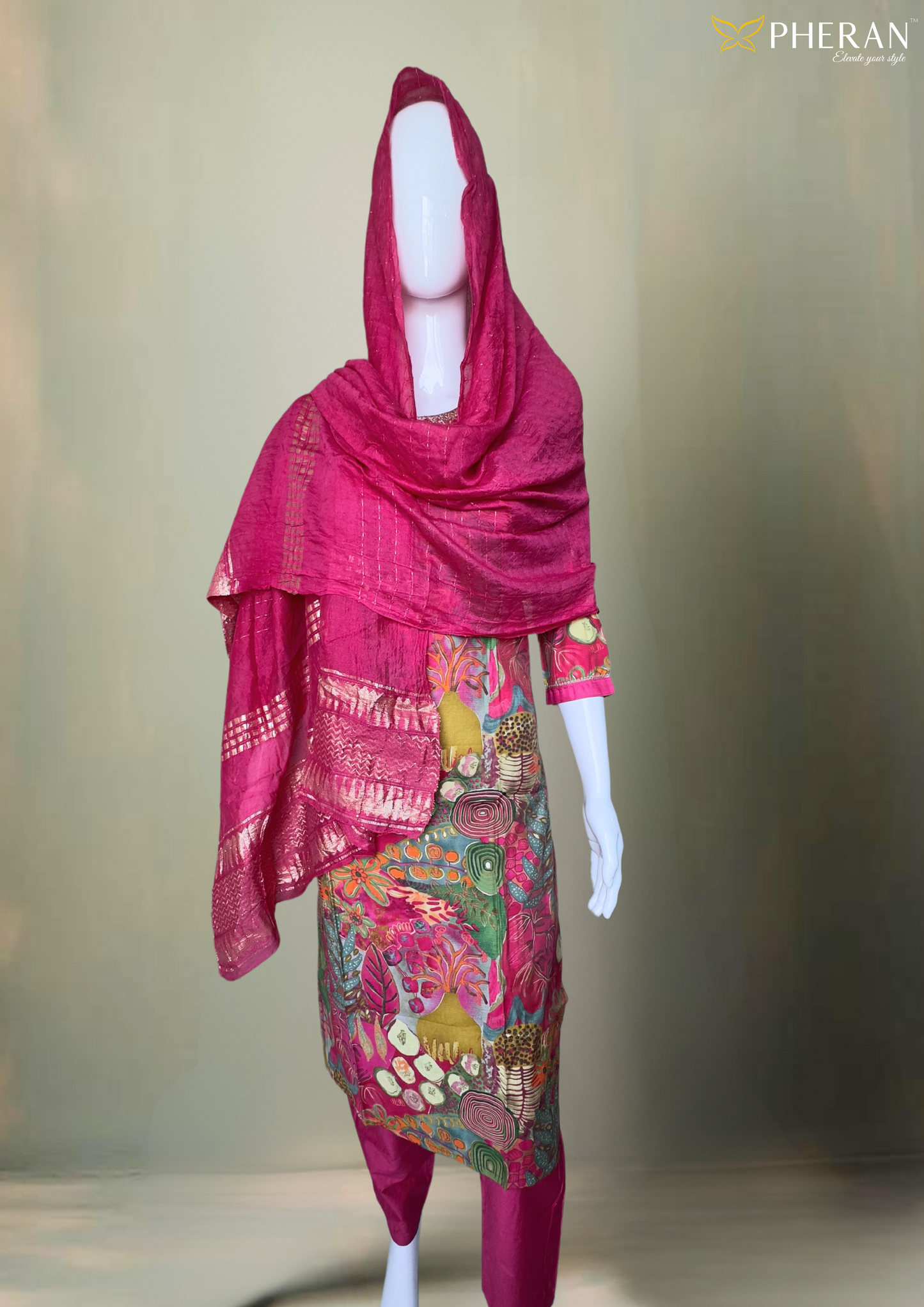 Pheran Multicolored Abstract Printed Kurta Set with Fuchsia Dupatta (M4-M100-MC-SU)