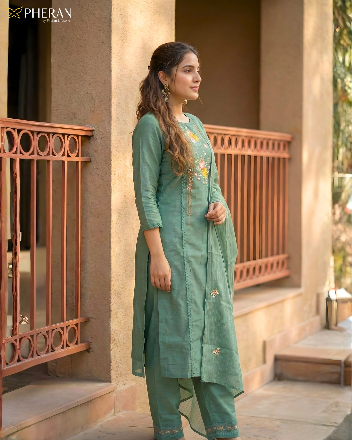 Pheran Verdant Green Embroidered Kurta Set with Dupatta (SV-KL75-GN)