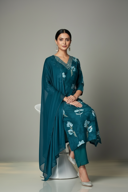 Pheran Teal Green Floral Printed Kurta Set with Embellished Neckline (M4-NU10-TB-SU)