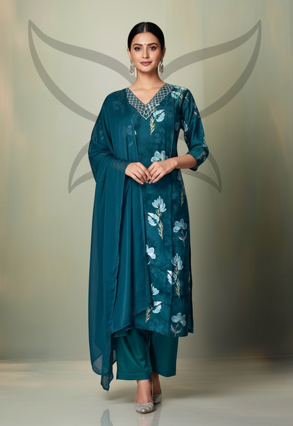 Pheran Teal Green Floral Printed Kurta Set with Embellished Neckline (M4-NU10-TB-SU)