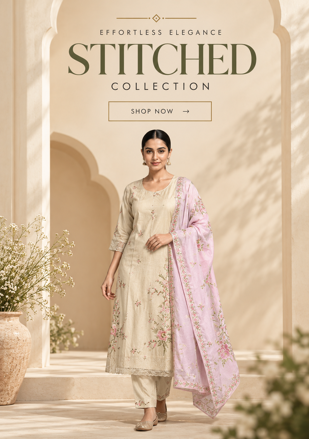 Effortless Elegance: Stitched Collection. Model in an ivory embroidered kurta set with a lilac dupatta